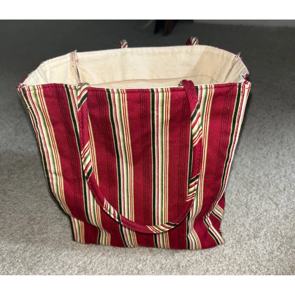 Christmas Holiday Striped Canvas Tote Bag Embroidered Basket Red Green Cream